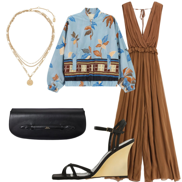 Outfit donna - Tuta per la sera. Stile Trendy per Serata fuori. Abbinamento con tute, sandali col tacco, bomber, ciondoli, clutch.
