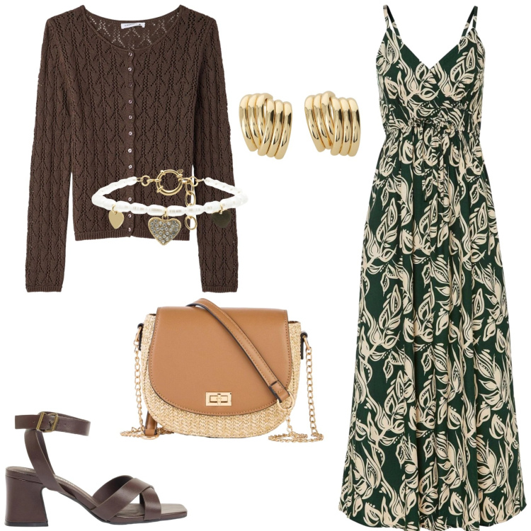 Outfit donna - Primavera 2026. Stile Romantica per Serata fuori. Abbinamento con sandali col tacco, vestiti lunghi, borse a tracolla, cardigans, orecchini, braccialetti.