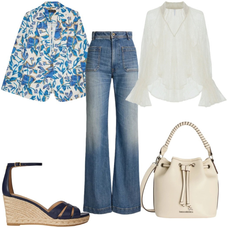 Outfit donna - Denim chic 70s. Stile 70s per Tutti i giorni. Abbinamento con borse a secchiello, bluse, blazer, jeans bootcut, zeppe.