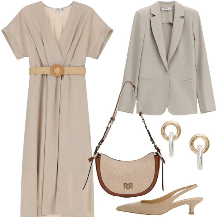 Outfit donna - Silhouette fluide e leggere - Curvy. Stile Chic per Ufficio. Abbinamento con blazer, vestiti midi/longuette, borse a tracolla, décolleté, orecchini.