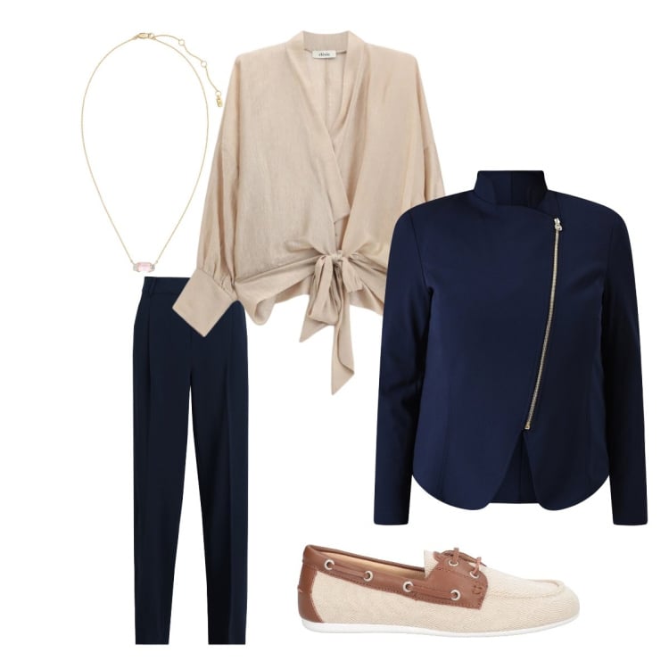 Outfit donna - Invitata curvy al diciottesimo. Stile Casual chic per Cerimonia. Abbinamento con pantaloni, mocassini, blazer, bluse, collane.
