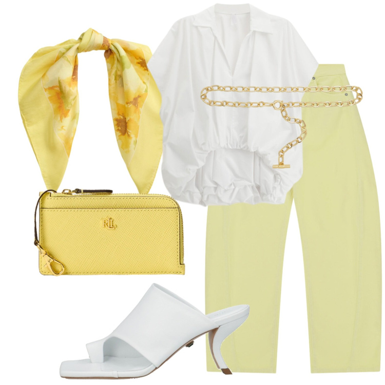 Outfit donna - Ufficio e poi ape. Stile Casual chic per Tutti i giorni. Abbinamento con ciabatte, camicie a manica corta, pantaloni a palazzo, cinture, portafogli, foulard.