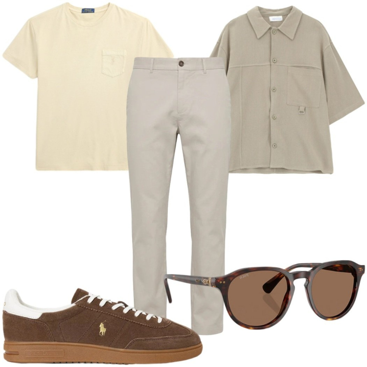 Outfit uomo - Camicia in lino: in città. Stile Casual per Tutti i giorni. Abbinamento con camicie a manica corta, pantaloni, sneakers, occhiali da sole, t-shirt.