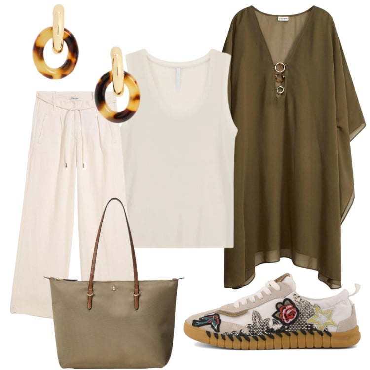 Outfit donna - Serata informale. Stile Etnico per Tutti i giorni. Abbinamento con caftani, pantaloni, top, orecchini, borse tote, sneakers.