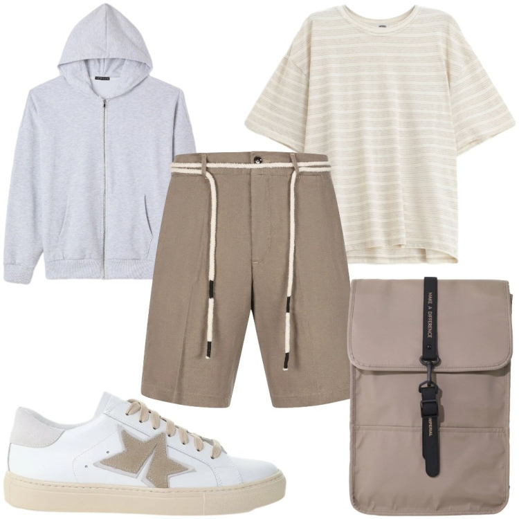 Outfit uomo - Look da viaggio breve: lo zaino. Stile Trendy per Tutti i giorni. Abbinamento con felpe con cappuccio, t-shirt, borse sportive, sneakers, bermuda.