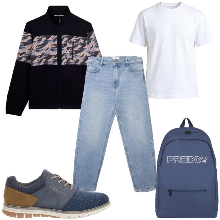 Outfit uomo - Look da viaggio breve : low cost. Stile Casual per Tutti i giorni. Abbinamento con scarpe stringate, jeans, t-shirt, felpe, borse sportive.