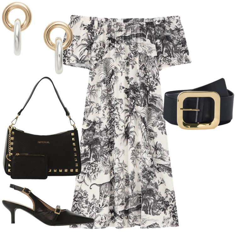 Outfit donna - Total look #2397101. Stile Casual chic per Serata fuori. Abbinamento con sandali col tacco, borse a spalla, cinture, vestiti corti, orecchini.