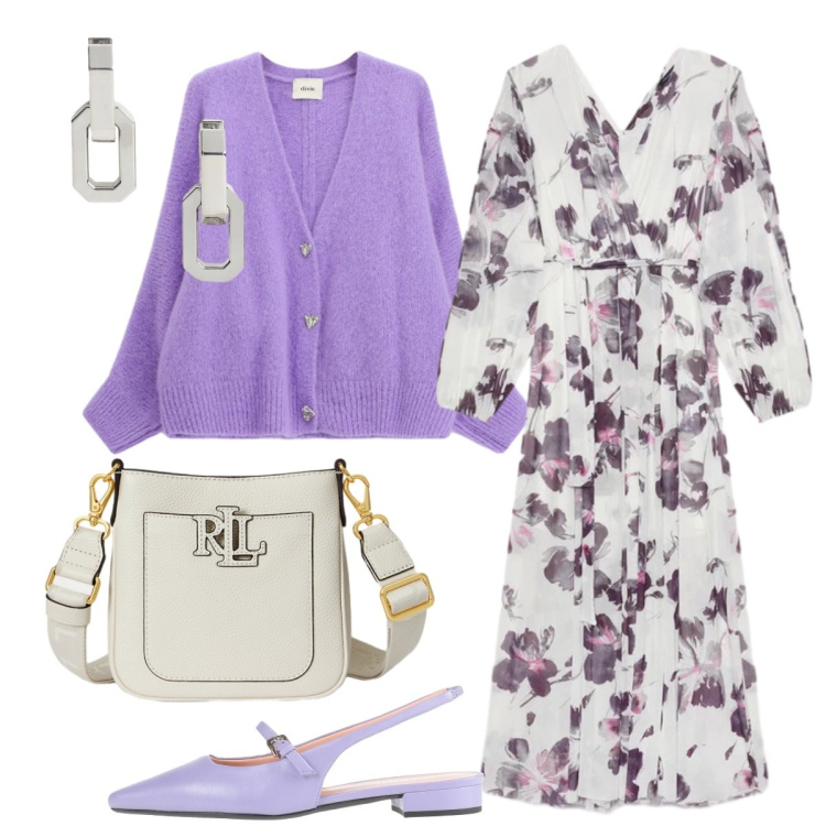 Outfit donna - Color lavanda. Stile Chic per Tutti i giorni. Abbinamento con ballerine, cardigans, vestiti lunghi, borse a tracolla, orecchini.