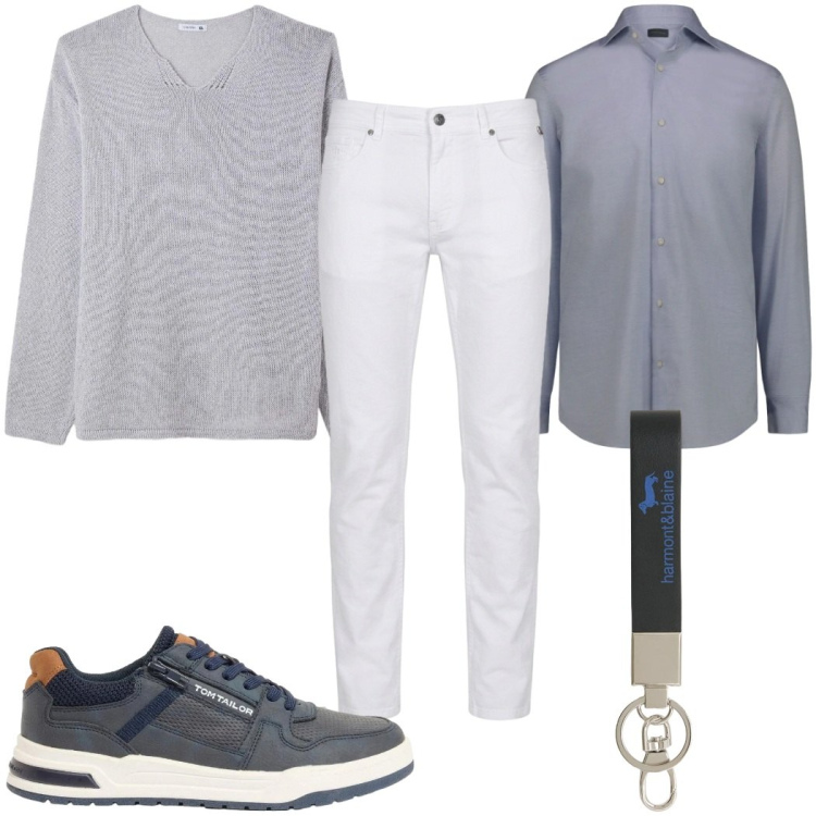 Outfit uomo - Pantaloni leggeri in ufficio. Stile Casual per Ufficio. Abbinamento con sneakers, maglieria, pantaloni, portachiavi, camicie.