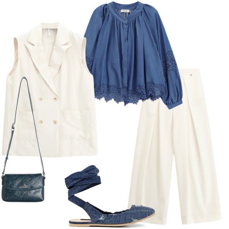 Outfit donna - Denim chic. Stile Casual chic per Serata fuori. Abbinamento con borse a tracolla, gilet, camicie, pantaloni a palazzo, ballerine.