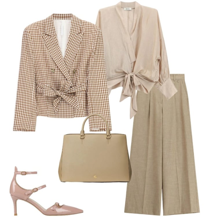 Outfit donna - Blazer leggero. Stile Casual chic per Ufficio. Abbinamento con décolleté, blazer, pantaloni a palazzo, bluse, borse a mano.