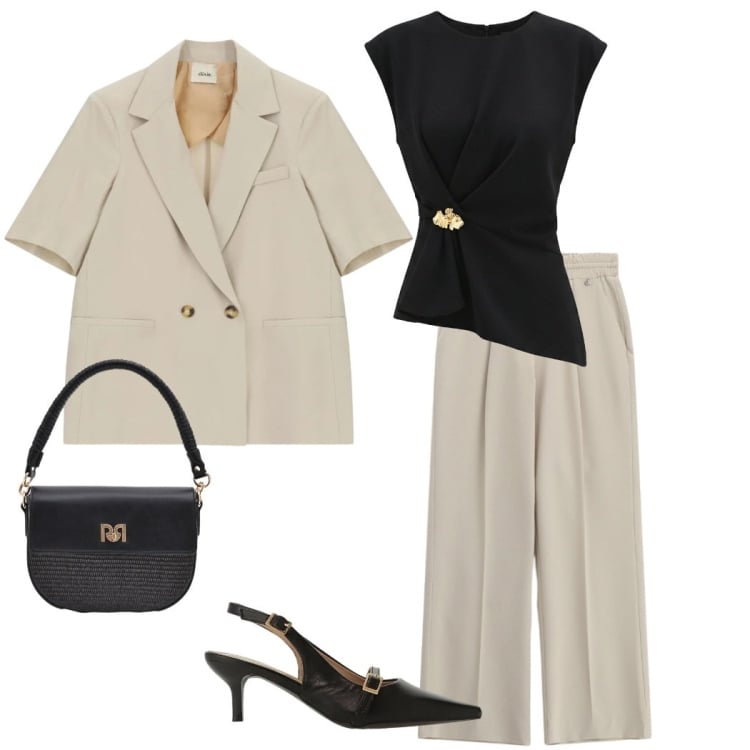 Outfit donna - Blazer leggero. Stile Casual chic per Serata fuori. Abbinamento con sandali col tacco, top, borse a spalla, blazer, pantaloni.