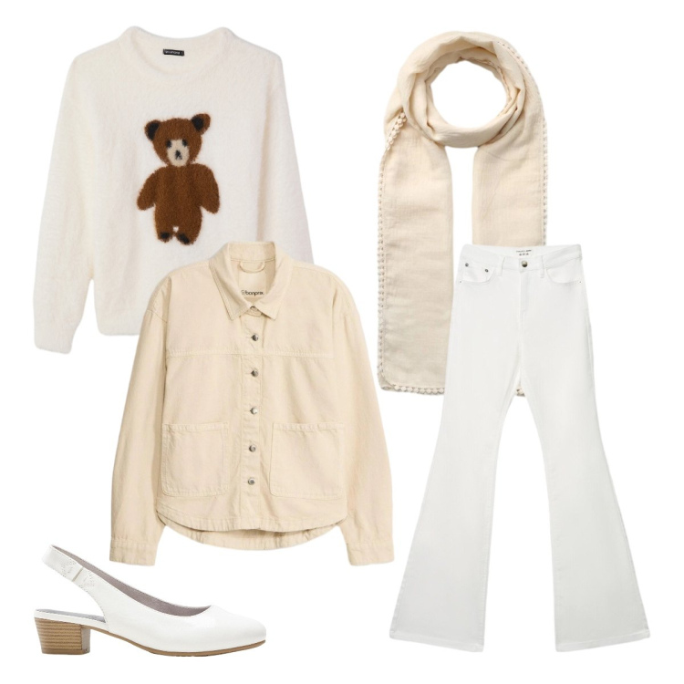 Outfit donna - Ufficio maggio. Stile Minimal per Ufficio. Abbinamento con décolleté, cappotti, jeans a zampa, sciarpe, pullovers.