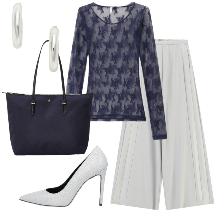Outfit donna - Total look #2397117. Stile Chic per Serata fuori. Abbinamento con décolleté, bluse, pantaloni a palazzo, borse tote, orecchini.