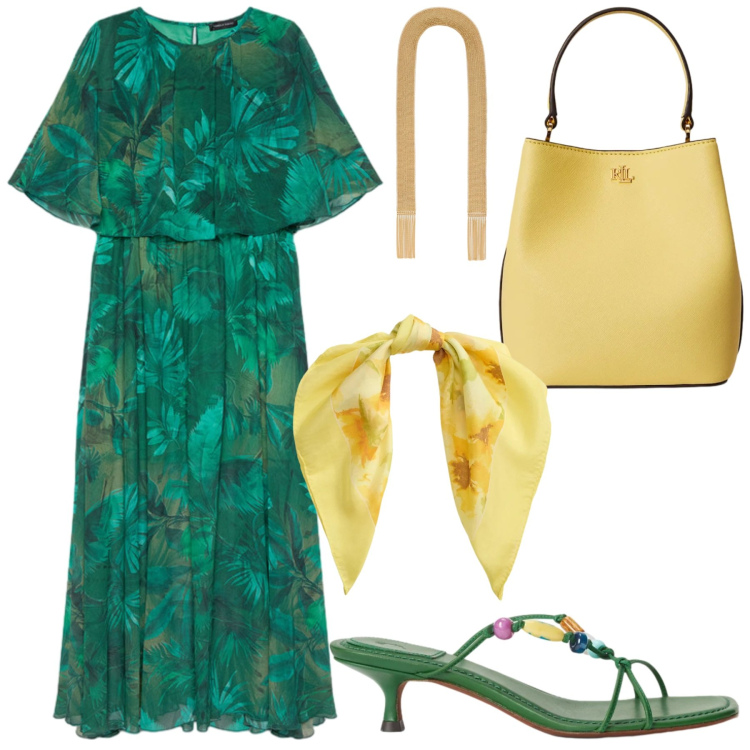 Outfit donna - Oggi colazione con gli amici. Stile Glamour per Serata fuori. Abbinamento con vestiti lunghi, collane, borse a secchiello, foulard, sandali gioiello.