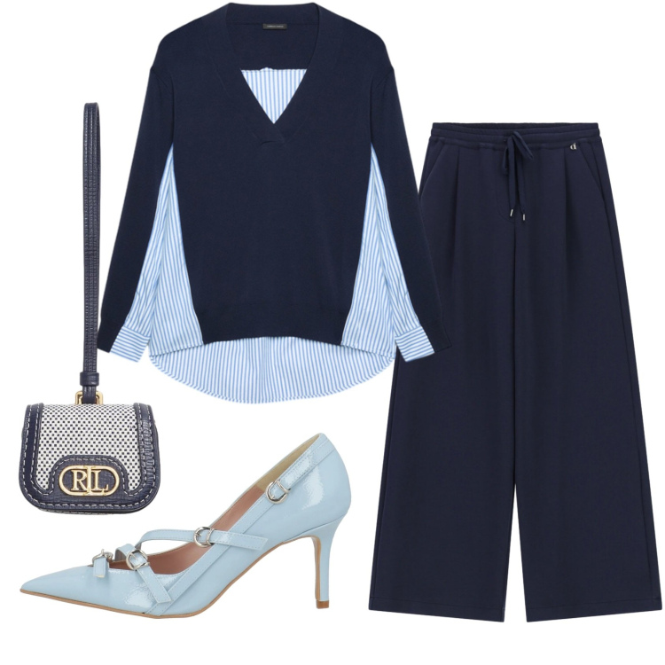 Outfit donna - Total look #2397122. Stile Trendy per Serata fuori. Abbinamento con décolleté, pantaloni a palazzo, maglieria, pochette.