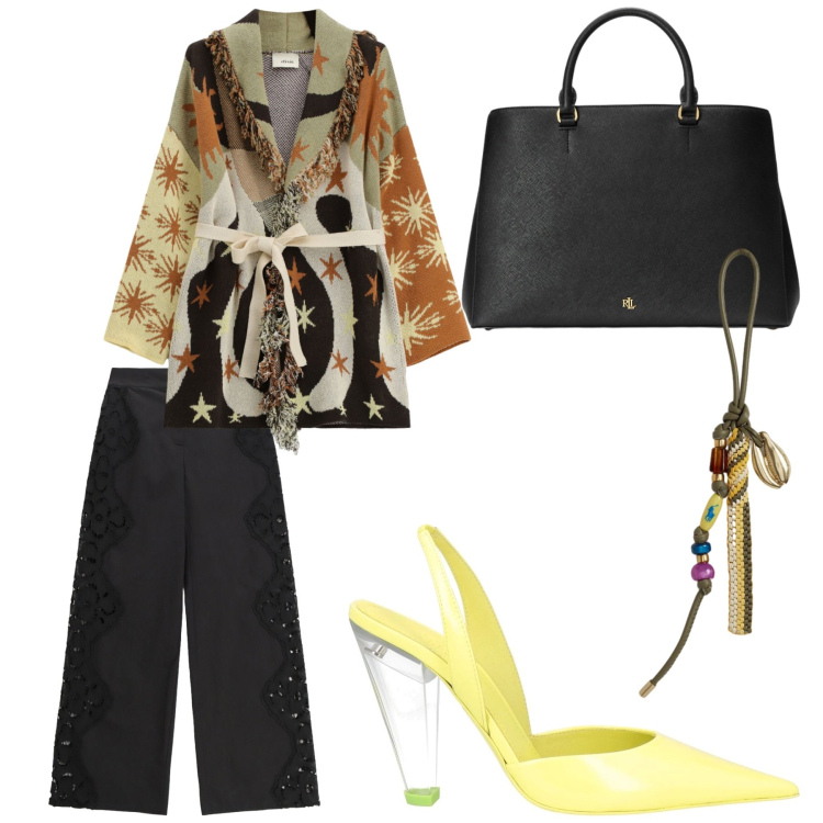 Outfit donna - Jungle party. Stile Trendy per Serata fuori. Abbinamento con décolleté, pantaloni a palazzo, cardigans, braccialetti, borse a mano.