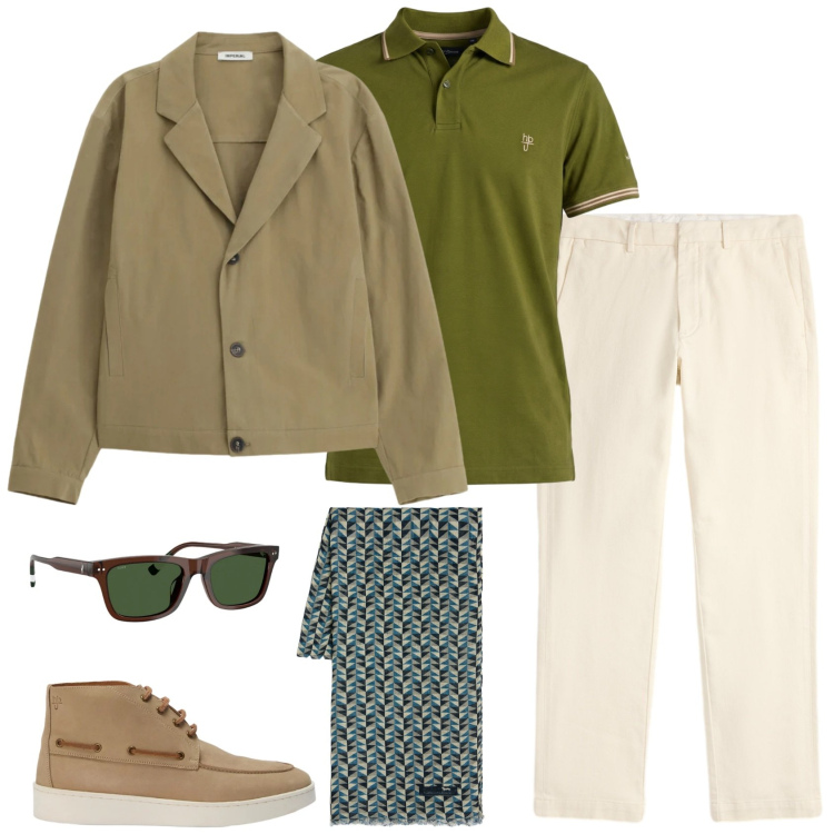 Outfit uomo - Trendy. Stile Trendy per Ufficio. Abbinamento con giacche, sciarpe, polo, stivali e stivaletti, pantaloni chino, occhiali da sole.