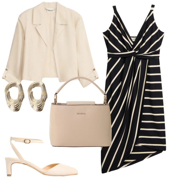 Outfit donna - Total look #2397135. Stile Chic per Cerimonia. Abbinamento con blazer, décolleté, vestiti midi/longuette, borse a secchiello, orecchini.