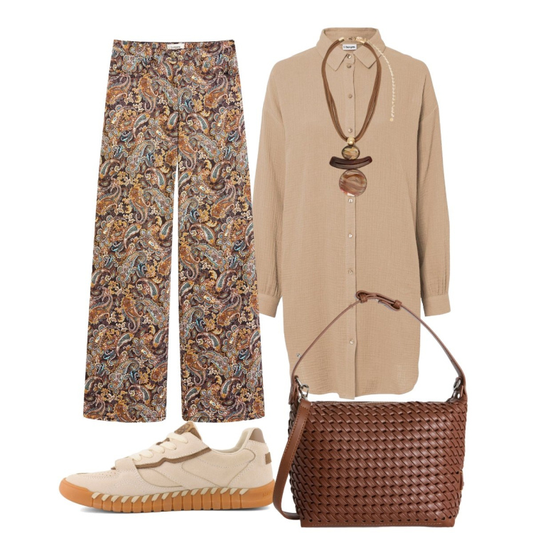 Outfit donna - In città. Stile Casual chic per Tutti i giorni. Abbinamento con camicie, pantaloni, borse a spalla, ciondoli, sneakers.