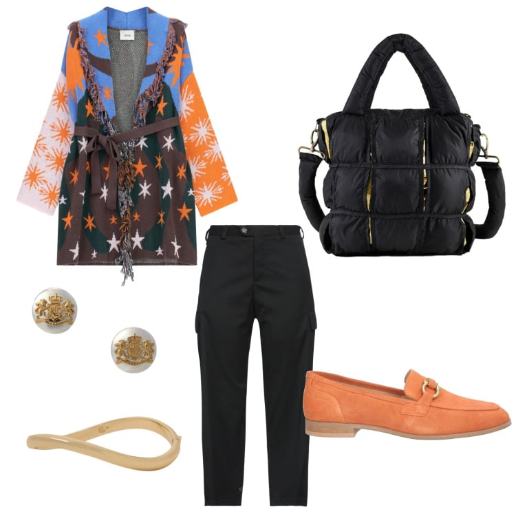 Outfit donna - Al cinema in famiglia. Stile Glamour per Serata fuori. Abbinamento con mocassini, pantaloni cargo, cardigans, borse a mano, orecchini, braccialetti.