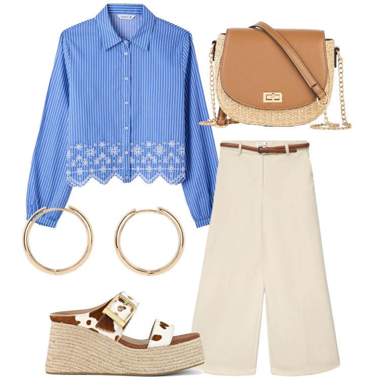 Outfit donna - Total look #2397138. Stile Casual per Tutti i giorni. Abbinamento con orecchini, borse a tracolla, camicie, pantaloni, zeppe.