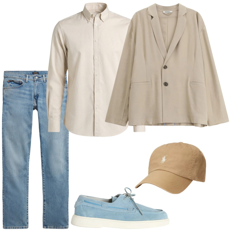 Outfit uomo - Tutto chiaro. Stile Casual per Tutti i giorni. Abbinamento con giacche, camicie, scarpe stringate, jeans, cappelli con visiera.