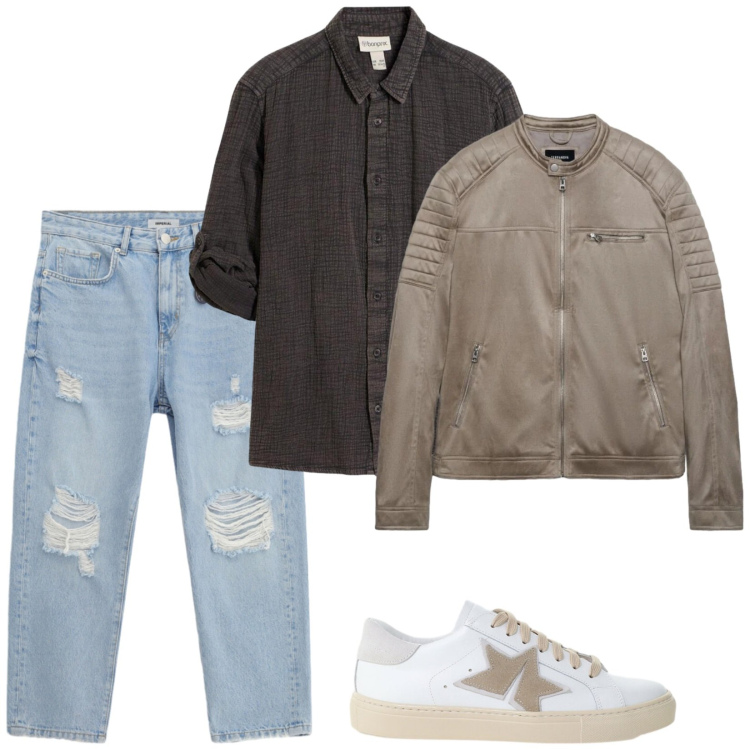 Outfit uomo - Aperitivo insieme. Stile Trendy per Serata speciale. Abbinamento con camicie, giacche, jeans strappati, sneakers.