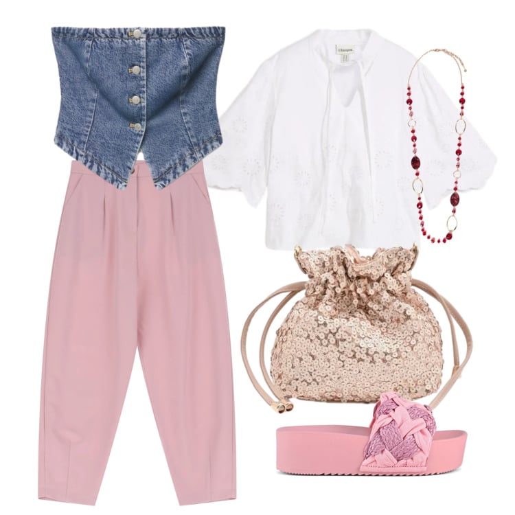 Outfit donna - Maggio. Stile Casual per Tutti i giorni. Abbinamento con tuniche, top, pochette, pantaloni, collane, ciabatte.