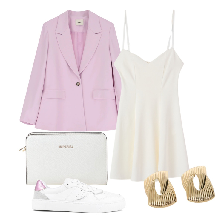 Outfit donna - Maggio. Stile Trendy per Tutti i giorni. Abbinamento con vestiti corti, borse a tracolla, orecchini, blazer, sneakers.