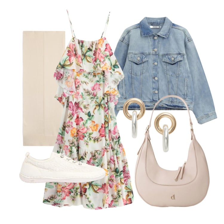Outfit donna - Maggio. Stile Romantica per Tutti i giorni. Abbinamento con sneakers, vestiti lunghi, blazer, borse a tracolla, sciarpe, orecchini.