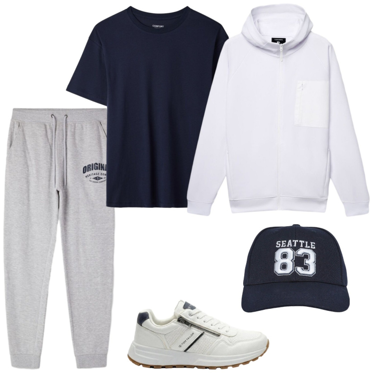Outfit uomo - Last days of school. Stile Casual per Tutti i giorni. Abbinamento con sneakers, cappelli, felpe con cappuccio, pantaloni, t-shirt.