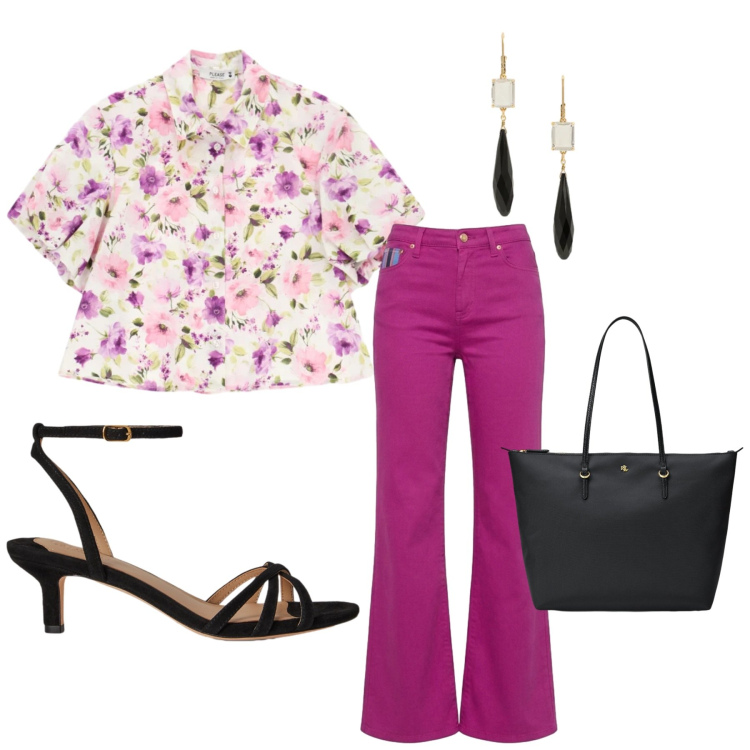 Outfit donna - Total look #2397156. Stile Casual chic per Serata fuori. Abbinamento con pantaloni, camicie a manica corta, orecchini, borse tote, sandali col tacco.