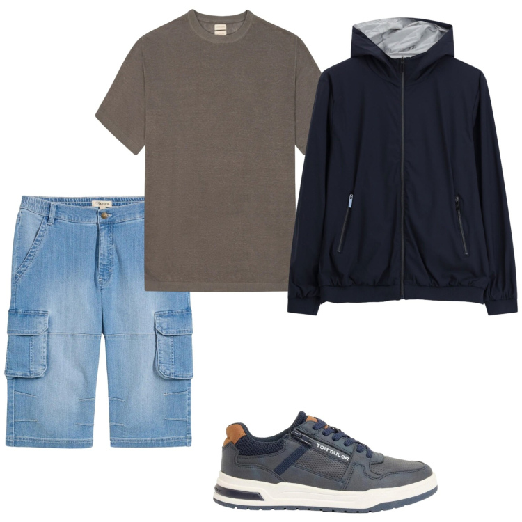 Outfit uomo - Teenager. Stile Casual per Tutti i giorni. Abbinamento con sneakers, bermuda, bomber, t-shirt.
