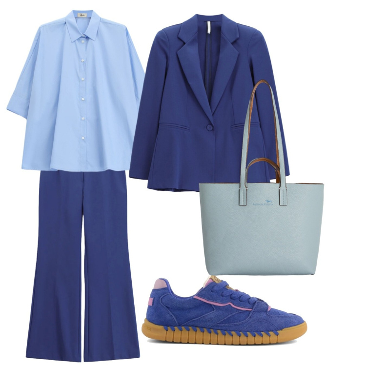 Outfit donna - Total look #2397158. Stile Casual chic per Tutti i giorni. Abbinamento con shopping bag, pantaloni a palazzo, blazer, camicie, sneakers.