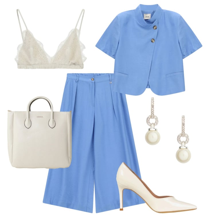 Outfit donna - Completo cropped. Stile Trendy per Tutti i giorni. Abbinamento con reggiseni, borse a tracolla, décolleté, blazer, pantaloni a palazzo, orecchini.