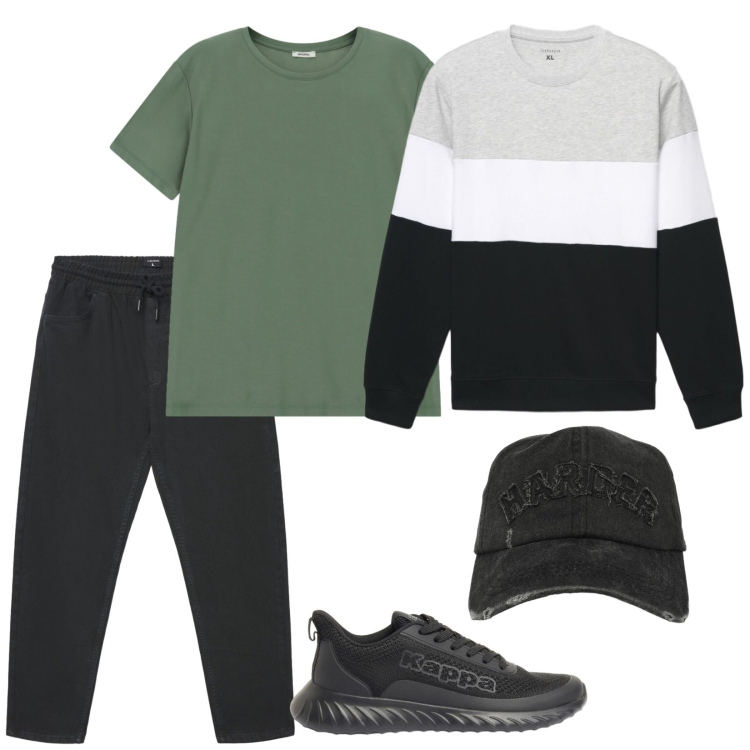Outfit uomo - Pratico. Stile Casual per Tutti i giorni. Abbinamento con sneakers, pantaloni, felpe, cappelli con visiera, t-shirt.