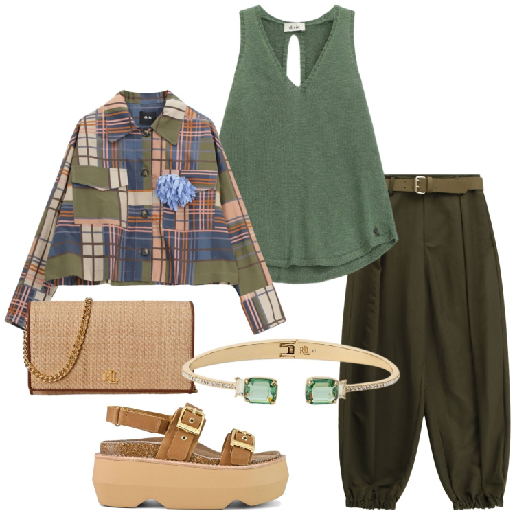 Outfit donna - Total look #2397162. Stile Etnico per Tutti i giorni. Abbinamento con pantaloni, top, blazer, borse a tracolla, braccialetti, sandali col tacco.