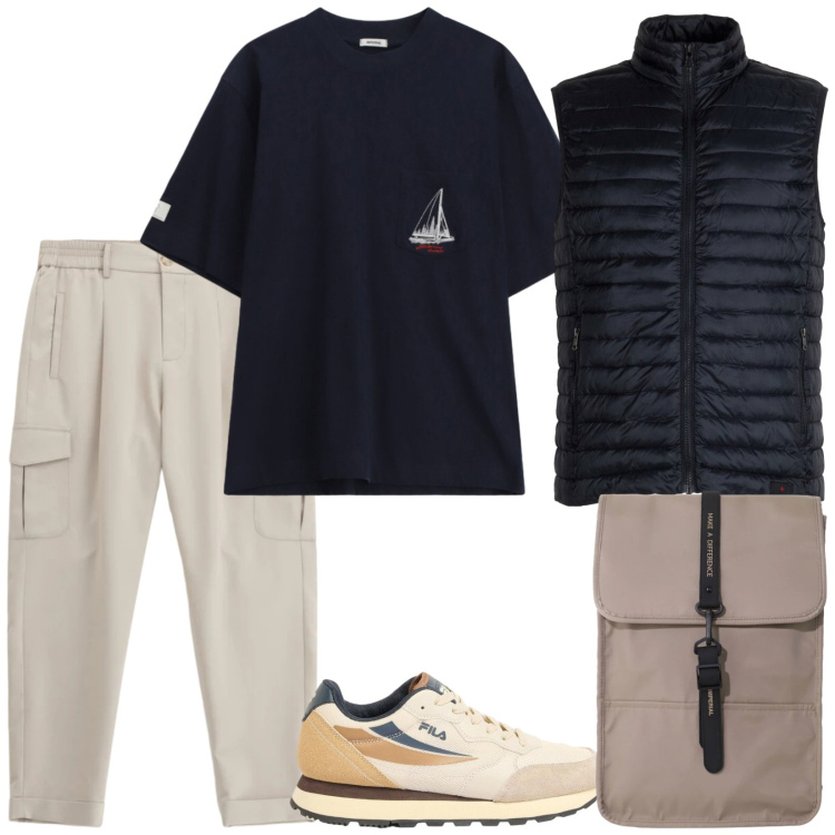 Outfit uomo - Week End fuori porta. Stile Casual per Tutti i giorni. Abbinamento con sneakers, pantaloni cargo, borse sportive, t-shirt, piumini.