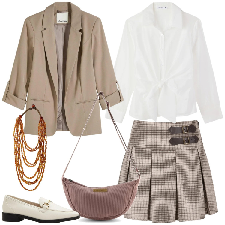 Outfit donna - A scuola. Stile Preppy per Scuola/Università. Abbinamento con blazer, mocassini, camicie, minigonne, collane, borse a tracolla.