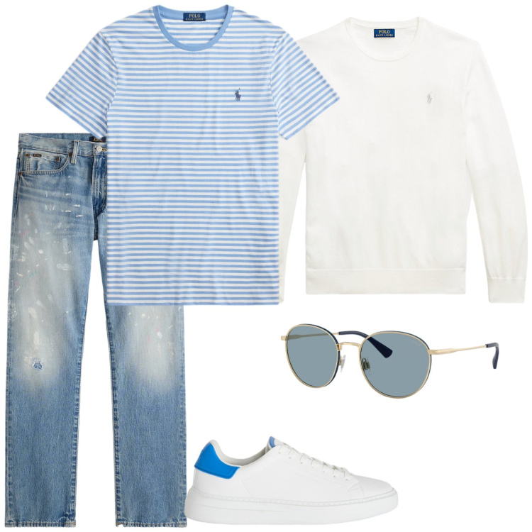 Outfit uomo - Al mare. Stile Casual per Tutti i giorni. Abbinamento con sneakers, maglieria, t-shirt, jeans dritti, occhiali da sole.