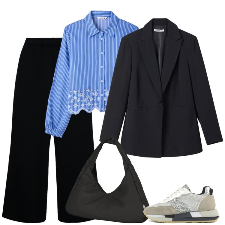 Outfit donna - La camicia diversa. Stile Mannish per Ufficio. Abbinamento con camicie, blazer, pantaloni, borse a spalla, sneakers.