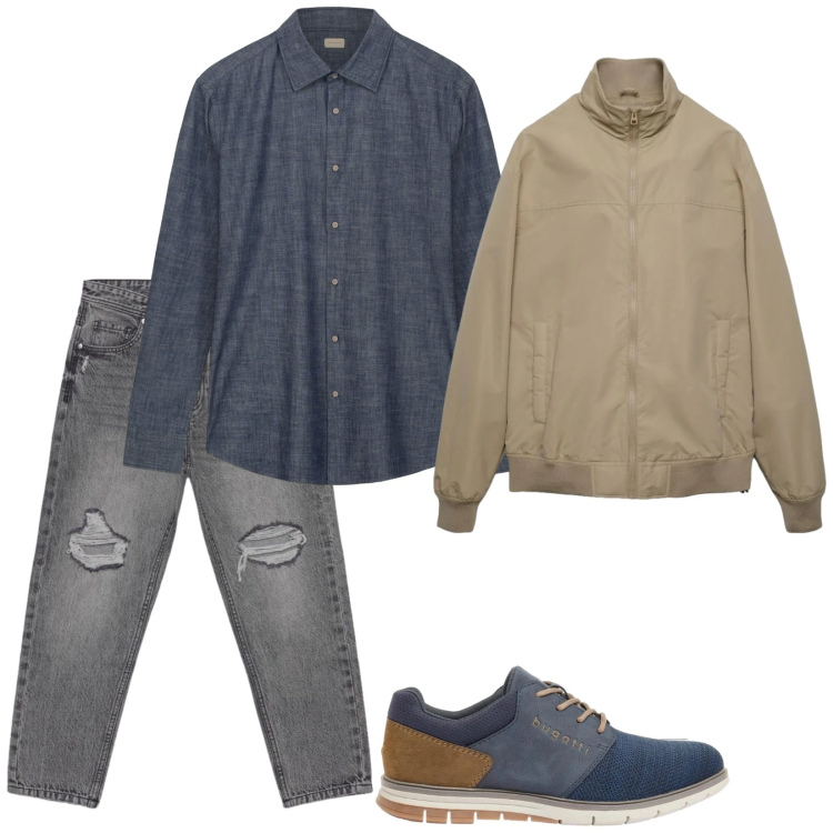 Outfit uomo - Al pub. Stile Casual per Tutti i giorni. Abbinamento con scarpe stringate, jeans strappati, bomber, camicie.