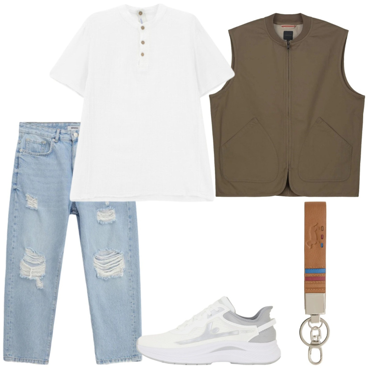 Outfit uomo - Young and free. Stile Trendy per Serata speciale. Abbinamento con jeans strappati, t-shirt, portachiavi, sneakers, gilet.