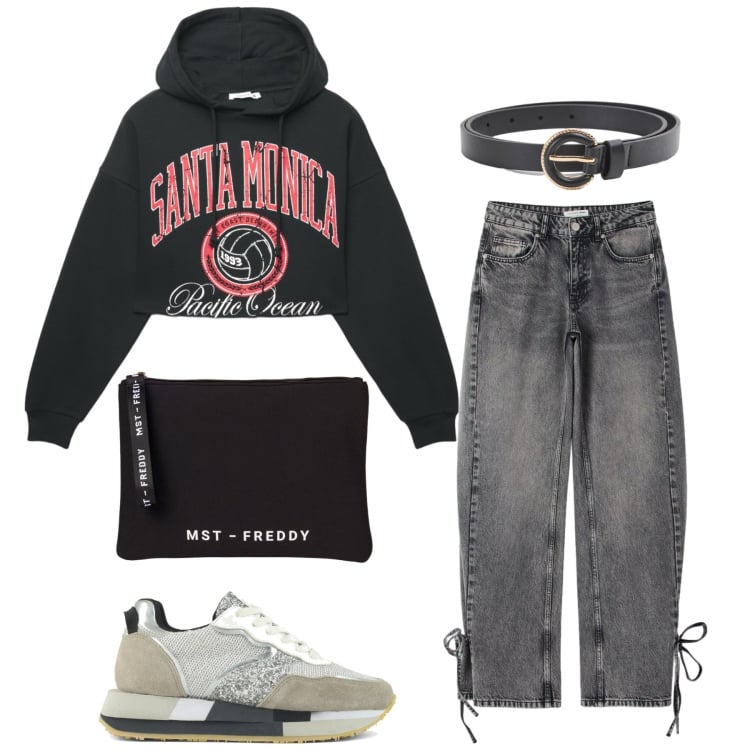 Outfit donna - Total look #2397172. Stile Basic per Scuola/Università. Abbinamento con cinture, felpe con cappuccio, jeans, pochette, sneakers.