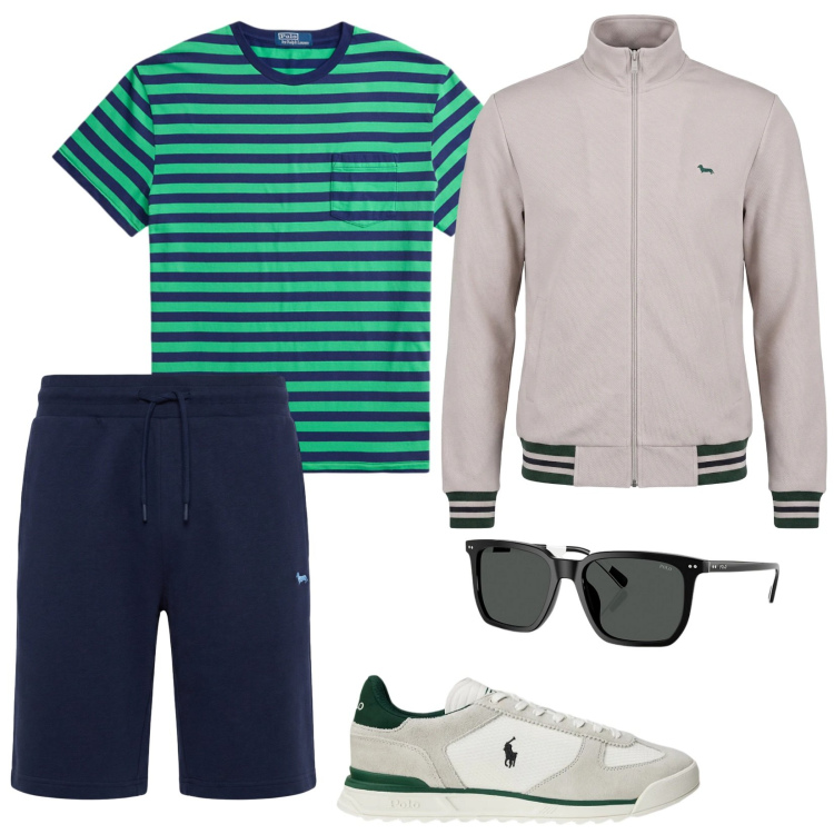 Outfit uomo - Stripes. Stile Casual per Tutti i giorni. Abbinamento con felpe, pantaloni corti, occhiali da sole, t-shirt, sneakers.