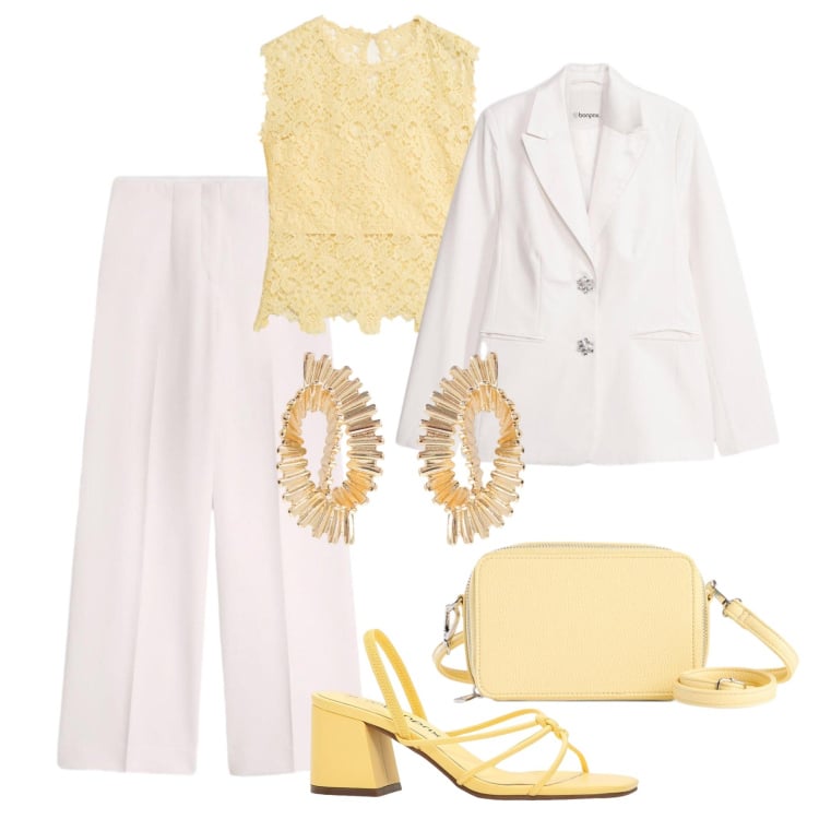 Outfit donna - Evento luminoso. Stile Chic per Cerimonia. Abbinamento con canottiere, pantaloni, blazer, borse a tracolla, sandali col tacco, orecchini.