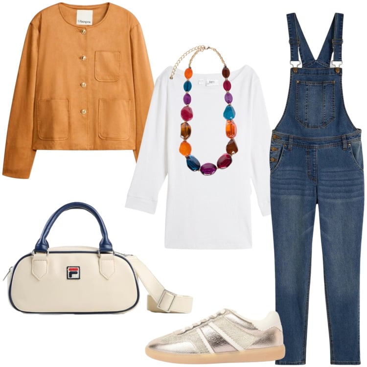 Outfit donna - Silhouette fluida e leggera. Stile Casual per Tutti i giorni. Abbinamento con salopette, blazer, t-shirt, sneakers, borse a tracolla, collane.