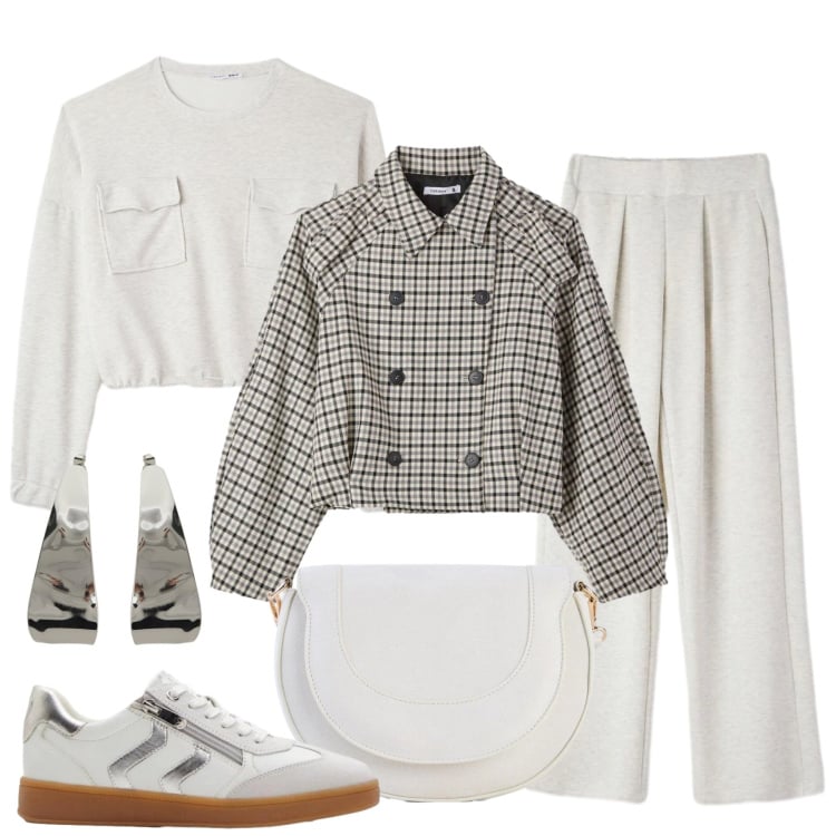 Outfit donna - Effortless Chic. Stile Casual chic per Tutti i giorni. Abbinamento con borse a tracolla, sneakers, caban, felpe, pantaloni, orecchini.