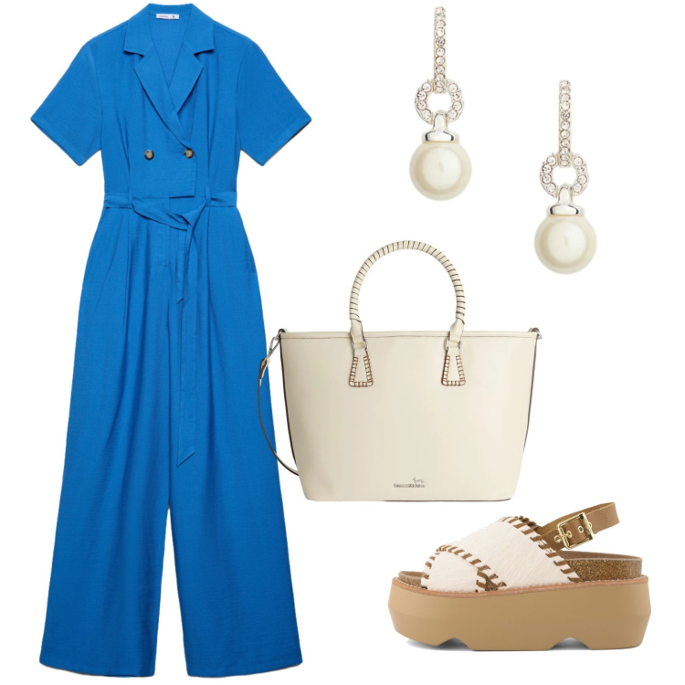 Outfit donna - Total look #2397180. Stile Minimal per Tutti i giorni. Abbinamento con tute, shopping bag, orecchini, zeppe.